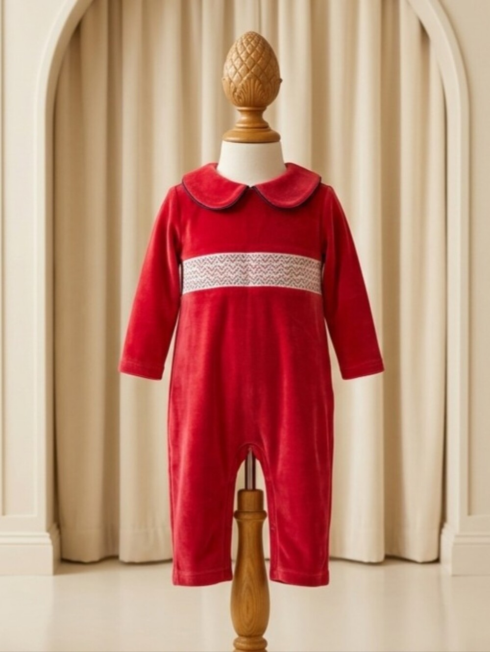 The Beaufort Bonnet Company Red Velour Samuel Smocked Romper | 6–12M